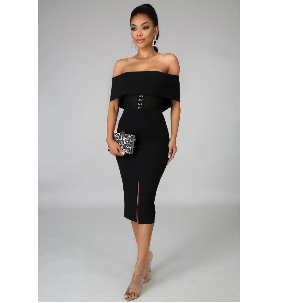 Black Fold Over Off the Shoulder Midi Dress
